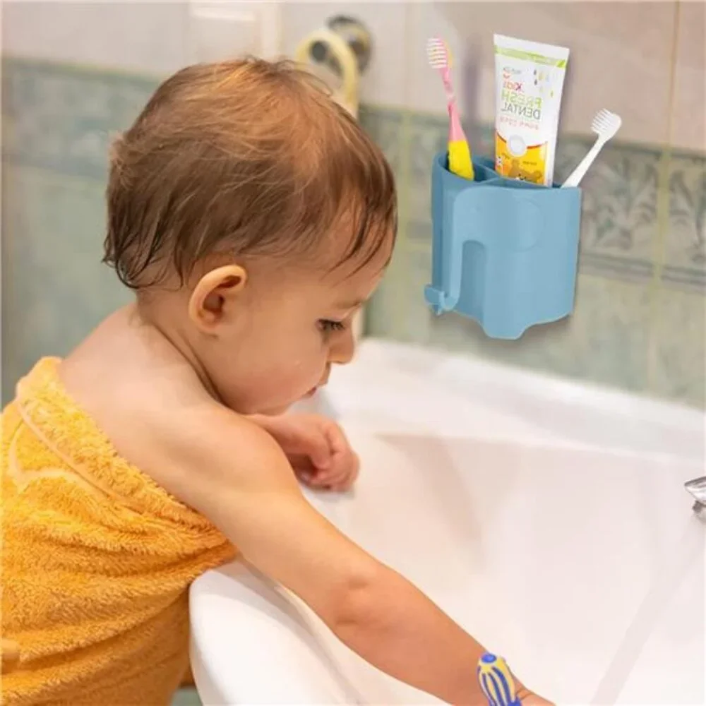 Kids Toothbrush Holder Elephant Bathroom Organizer Suction Wall Toddler Hook